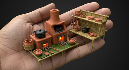 Miniature Traditional Kitchen A Tiny Ceramic Cooktop and Kitchen Setup
