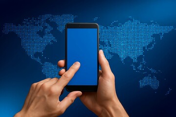 Close up of hands holding a modern smartphone with a blank blue screen against a glowing digital world map background