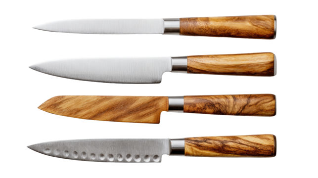 Set of four high-quality kitchen knives with wooden handles on a white isolated background.
