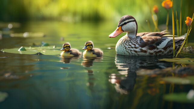 Duck family swimming in pond wildlife nature photography ducklings water birds animal photography outdoor scene