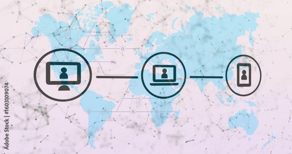 Poster monitor icon appearing linking laptop to smartphone while symbols flowing exchanging data fading