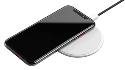 Smartphone charging on a wireless pad, isolated on white background.