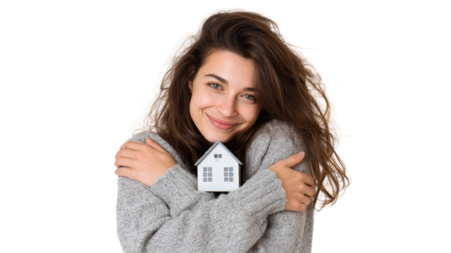 Smiling woman in a cozy sweater hugging a small house model, conveying warmth and comfort.