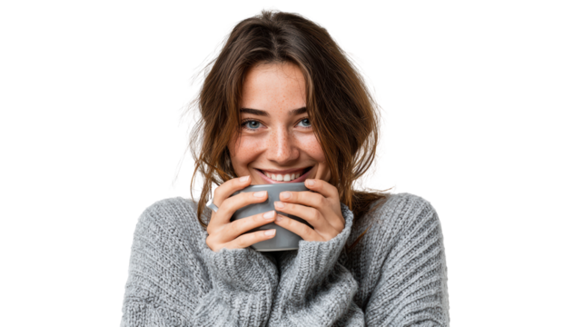 Smiling woman in cozy sweater holds a cup, embodying warmth and comfort against a simple backdrop. - Powered by Adobe