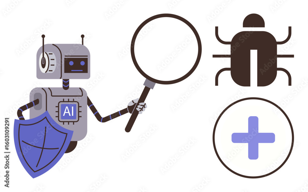 Poster robot labeled ai using magnifying glass to check a bug icon with a shield symbolizing protection. id