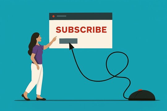 Young woman clicks the subscribe button on a website interface representing online content engagement and digital subscription services