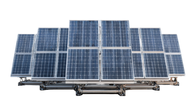 Solar panels arranged in a modern setup, showcasing renewable energy solution, isolated on white background.