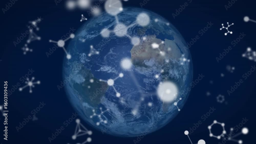 Poster molecular node drifting in, forming 3d network around rotating earth globe, showing data links