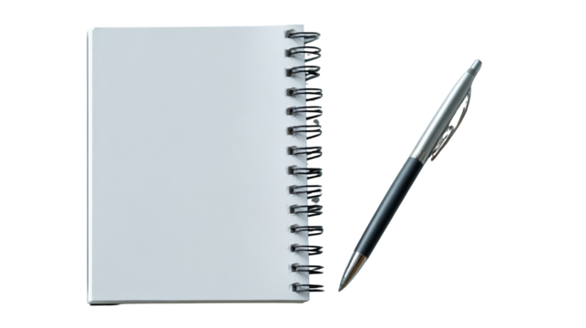 Spiral notebook and pen on white isolated background.