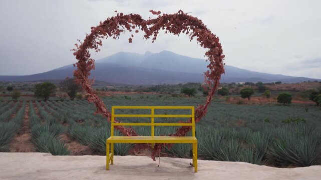 Imagen de un coraz&oacute;n forrado de follaje rojo con una banca amarilla, en segundo plano El paisaje agavero y el volc&aacute;n de Tequila que forman parte del World Heritage protegido por la unesco en mexico