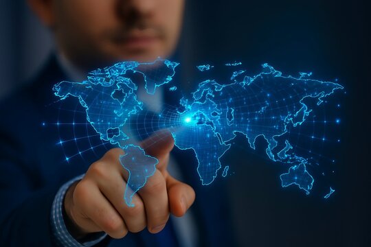Businessman touching a glowing blue digital holographic world map interface with his finger representing global connectivity and technology