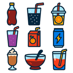 Vibrant Drink Icons. Flat vector icons of soft drinks and juices: soda bottle, fizzy glass with straw, orange juice cup, smoothie