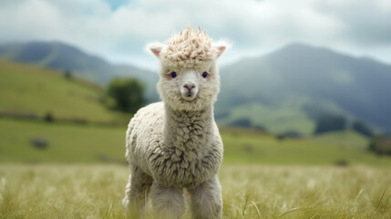 Fototapeta premium Adorable baby alpaca portrait in a field of green grass with mountains in the background image