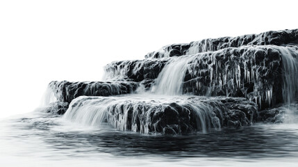 Tranquil waterfall cascades over rocks, creating a serene atmosphere amidst nature's beauty.