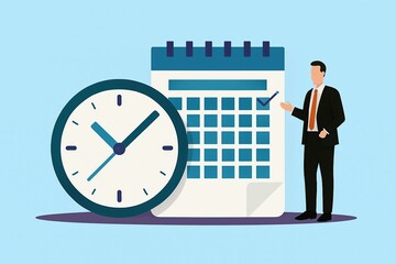 Businessman marking a date on a calendar next to a large clock symbolizing time management and planning