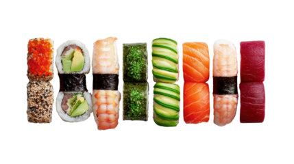 Vibrant assortment of sushi rolls with various fillings on a white isolated background.