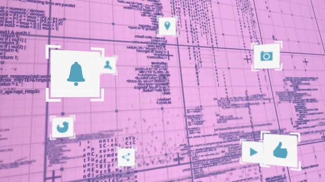 Opening magenta grid launching icons pulsing shifting via bell to center pin showing interface