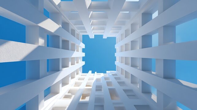 An upward-facing perspective showcases a complex architectural structure of white geometric forms against a vibrant blue sky, evoking a sense of scale and modern design.