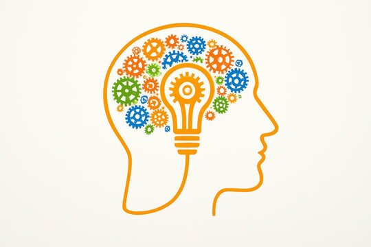 Conceptual illustration of a human head silhouette filled with colorful interconnected gears and a bright lightbulb representing innovation and creative thinking