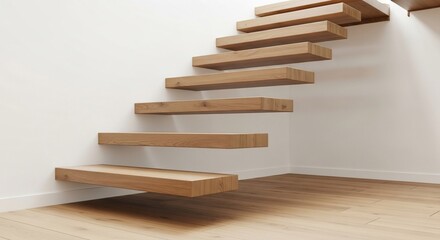 Modern floating wooden staircase ascending against a white wall.
