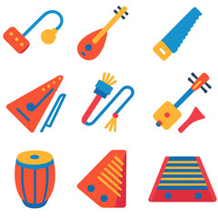 Musical Instrument Icons. Flat vector icons of musical instruments: vibra slap, baglama, musical saw, clapper sticks, bowed