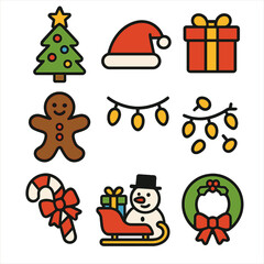 Fototapeta premium Festive Holiday Icons. Flat vector icons of Christmas holiday: decorated Christmas tree, red Santa hat, wrapped gift box with