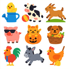 Naklejka premium Cute Farm Animal Icons. Flat vector icons of cute farm and domestic animals: chick inside watering can, cow playing with ball,
