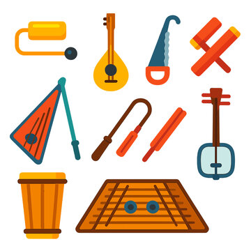 Musical Instrument Icons. Flat vector icons of musical instruments: vibra slap, baglama, musical saw, clapper sticks, bowed