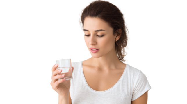 Woman holding a glass of water, contemplating hydration and wellness, white isolate background.