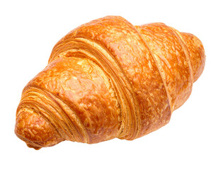 A perfectly baked and buttered croissant, showcasing its texture, isolated on a crisp white background.