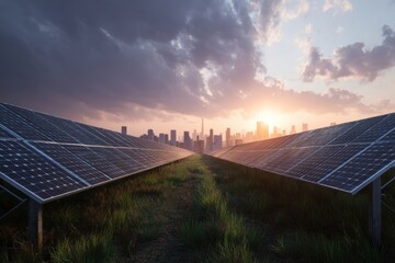 Solar panel field at dusk, glowing green energy lines flowing toward city skyline, serene twilight mood.