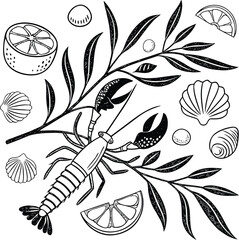 Mediterranean Sketch, Lemons, Seafood & Coastal Decor, Elements in Monochrome and Orange, Orange Mid-Century Gallery Vector Set – Abstract Line Art & Shapes for Premium Art Projects