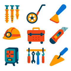 Flat DIY Tool Icons. Flat vector icons of home renovation and DIY tools: drywall anchor set, measuring wheel icon, caulk finishing