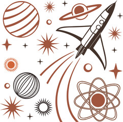 Mediterranean Sketch, Lemons, Seafood & Coastal Decor, Elements in Monochrome and Orange, Orange Mid-Century Gallery Vector Set – Abstract Line Art & Shapes for Premium Art Projects