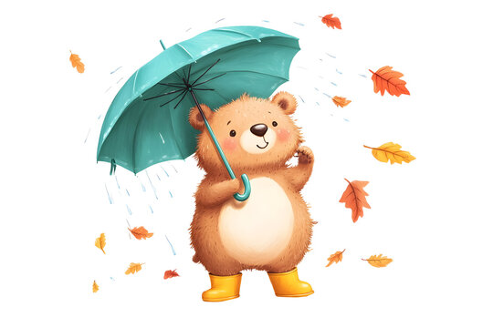 Cute bear with umbrella and falling autumn leaves in rain