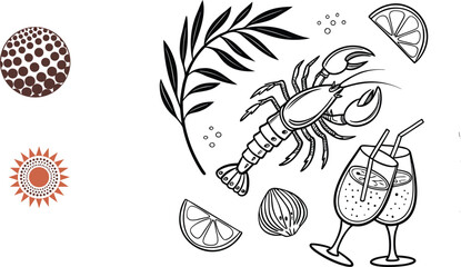 Mediterranean Sketch, Lemons, Seafood & Coastal Decor, Elements in Monochrome and Orange, Orange Mid-Century Gallery Vector Set – Abstract Line Art & Shapes for Premium Art Projects