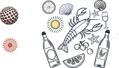 Mediterranean Sketch, Lemons, Seafood & Coastal Decor, Elements in Monochrome and Orange, Orange Mid-Century Gallery Vector Set – Abstract Line Art & Shapes for Premium Art Projects