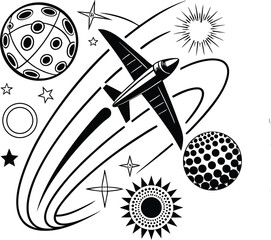 Mediterranean Sketch, Lemons, Seafood & Coastal Decor, Elements in Monochrome and Orange, Orange Mid-Century Gallery Vector Set – Abstract Line Art & Shapes for Premium Art Projects