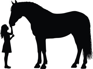 Silhouette of a small child reaching up to a majestic horse, symbolizing friendship, trust, and the special bond between humans and animals in a peaceful setting, flat vector illustration.