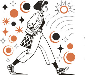 Mediterranean Sketch, Lemons, Seafood & Coastal Decor, Elements in Monochrome and Orange, Orange Mid-Century Gallery Vector Set – Abstract Line Art & Shapes for Premium Art Projects