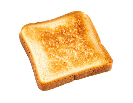 A single slice of golden toast, showcasing its texture, isolated on a pure white background.