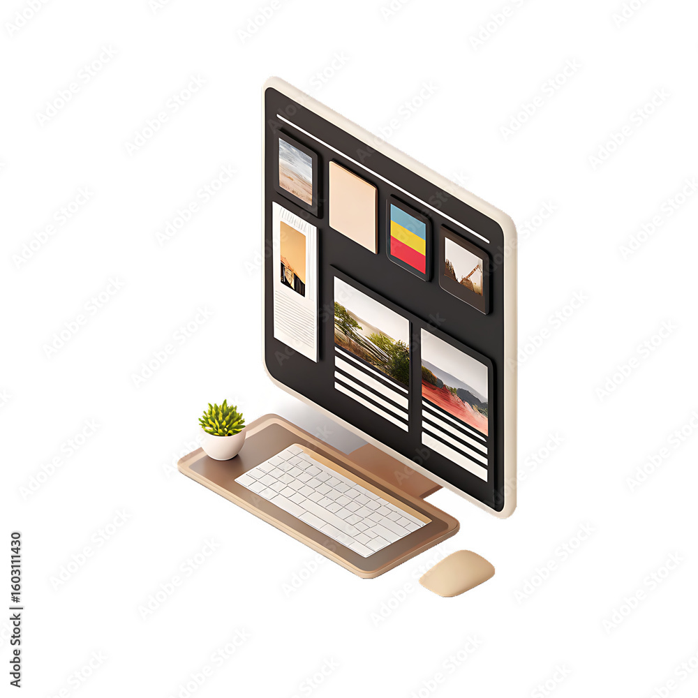 Fototapete isometric 3d computer screen displaying website layout with images and text isolated on a transparen