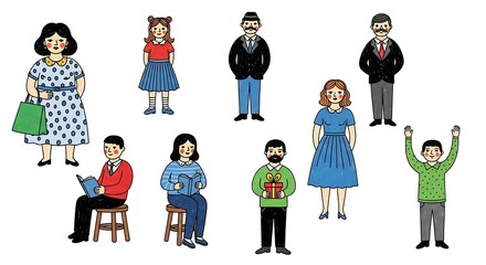 Collection of stylized cartoon people standing and engaging in everyday activities against a white background vector illustration graphic resource