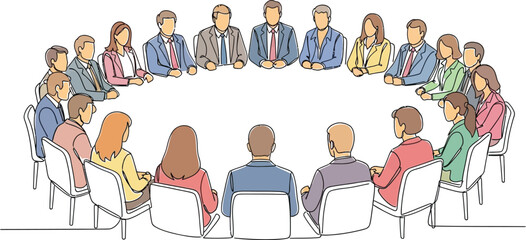Illustration of a group of people sitting around a table in a meeting or conference