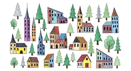 Obraz premium Colorful Hand Drawn Cityscape with Trees and Buildings Childlike Illustration Whimsical Urban Landscape Background Decorative Doodle Art