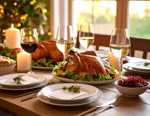 A beautifully set dining table laden with roasted turkeys, festive decorations, and wine glasses, ready for a holiday feast.