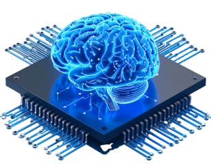 3D Brain Chip Symbol with Glowing Neural Circuits, Angled View, Futuristic Style, Isolated PNG