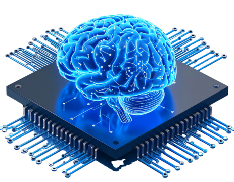 3D Brain Chip Symbol with Glowing Neural Circuits, Angled View, Futuristic Style, Isolated PNG