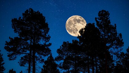 Full moon over a dark forest at night