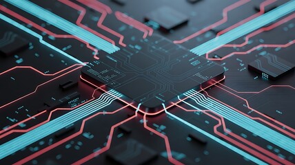 Photo of a closeup view of a futuristic computer processor with glowing blue and red circuit lines